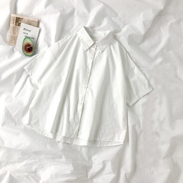 White Shirts Women with Tie Japanese Style Preppy Students BF Oversized Blouse Simple Solid Loose Summer Top  L3204