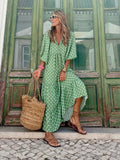 Half Sleeve Women Loose Dress Casual  Floral Printed Vintage Long Dresses Elegant V Neck Drawstring Party Dress Vestidos Mujer