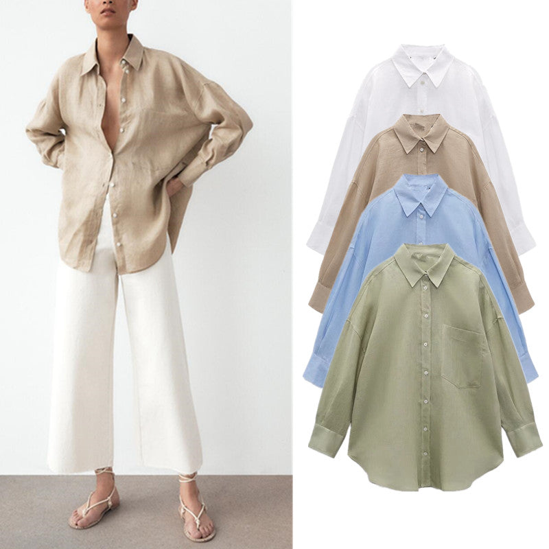 PB&amp;ZASpring 2022 Women's Versatile Long Sleeve Lapel Front Patch Pockets Side Slit Hem Buttoned Closure Linen Shirt