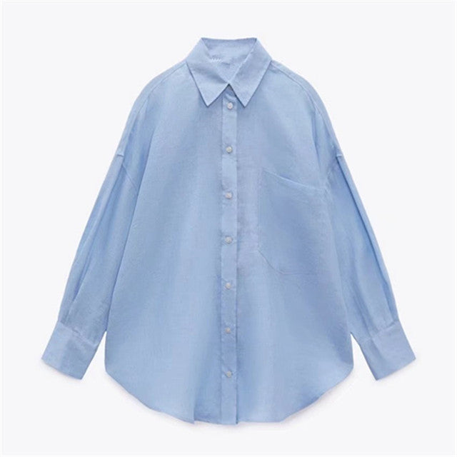 PB&amp;ZASpring 2022 Women's Versatile Long Sleeve Lapel Front Patch Pockets Side Slit Hem Buttoned Closure Linen Shirt