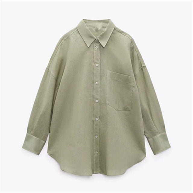 PB&amp;ZASpring 2022 Women's Versatile Long Sleeve Lapel Front Patch Pockets Side Slit Hem Buttoned Closure Linen Shirt