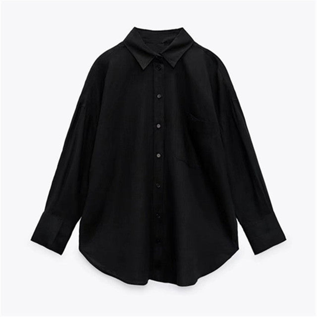 PB&amp;ZASpring 2022 Women's Versatile Long Sleeve Lapel Front Patch Pockets Side Slit Hem Buttoned Closure Linen Shirt