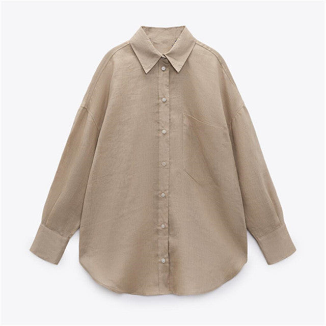PB&amp;ZASpring 2022 Women's Versatile Long Sleeve Lapel Front Patch Pockets Side Slit Hem Buttoned Closure Linen Shirt