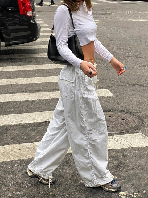 Sweetown Casual Baggy Wide Leg Sweatpants White Loose Drawstring Low Waist Streetwear Cargo Pants Womens Hippie Joggers Trousers